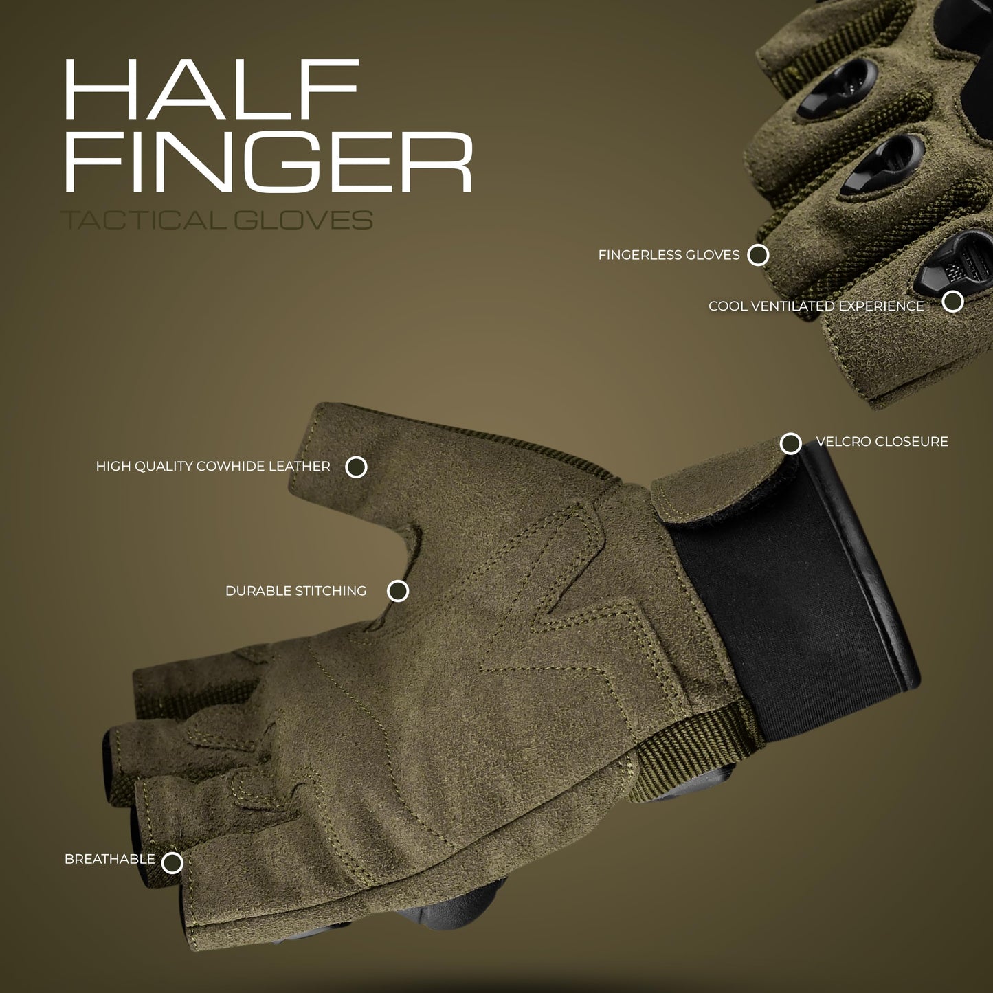 J.A.G. Half Finger Tactical Gloves for Men - Leather Hard Knuckle Sports Padded Glove for Cycling, Hiking, Combat, Hunting, Motorcycle Gloves (Olive Green, Large)