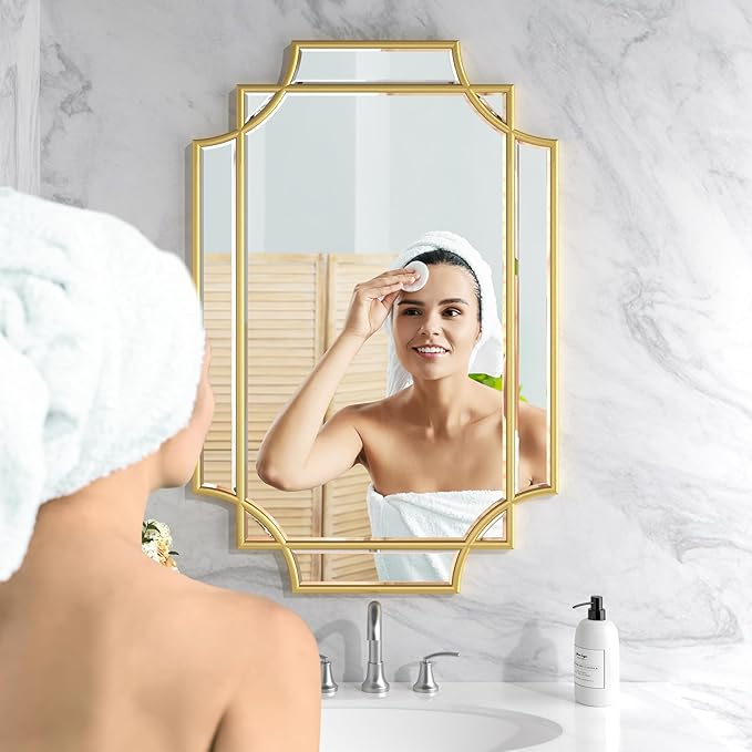Bathroom Mirror for Wall Gold Farmhouse Wall Vanity Mirror for Over Sink Wood Framed Beveled Mirrors Deco（24 * 36IN/Gold）