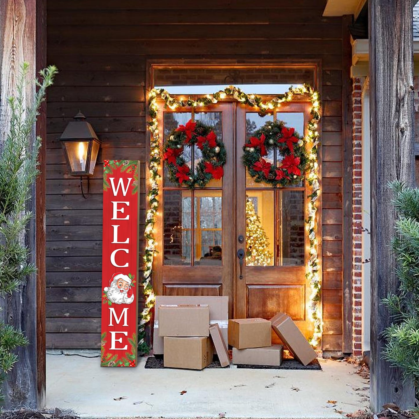 Christmas Wooden Porch Sign 47" Santa Claus Large Welcome Porch Sign for Home Front Door Yard Party Decor(Red)