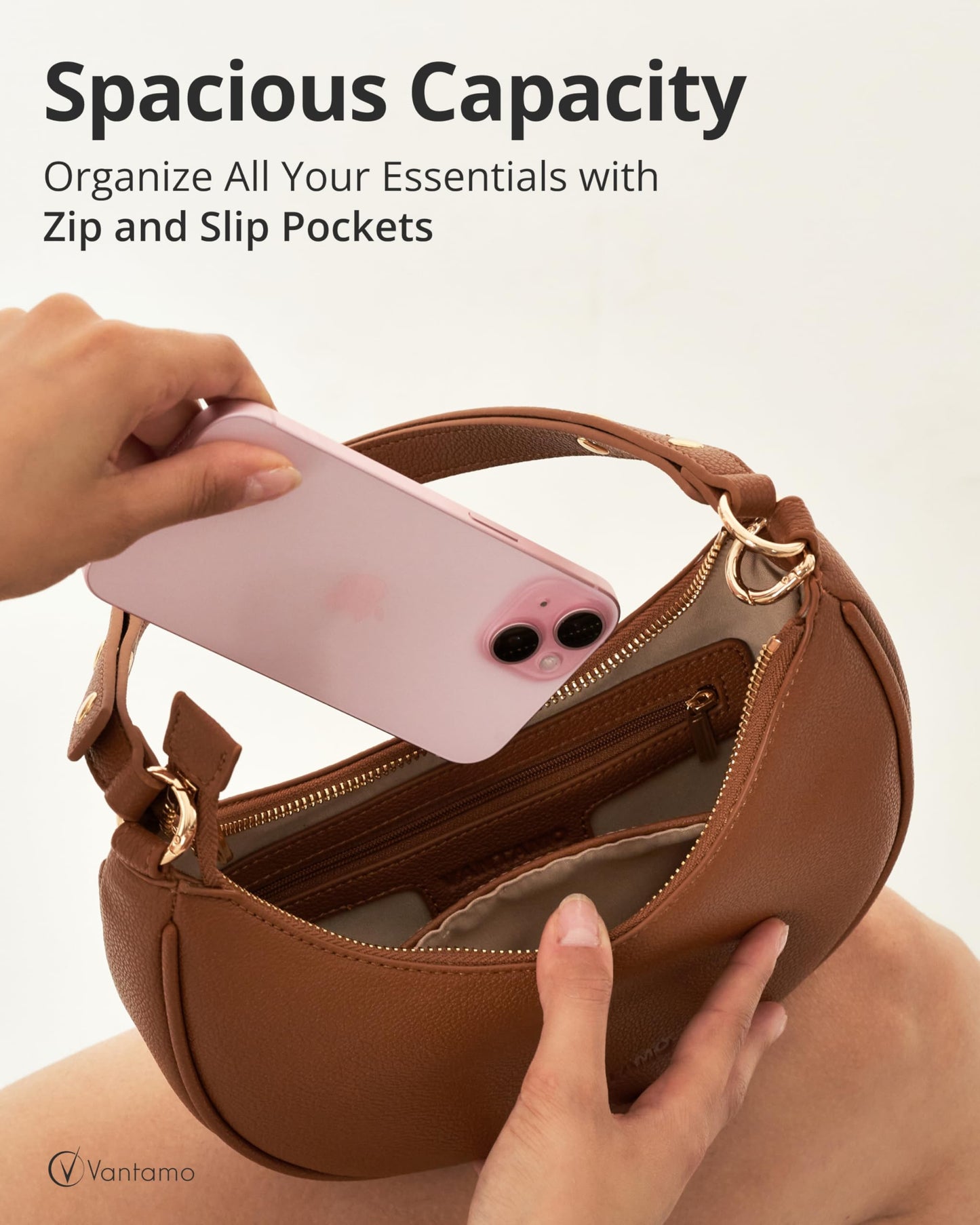Vantamo Crescent Bags For Women with RFID Protection, Half Moon Clutch Purses for Women with Anti-Theft Clip for Extra Safety, Premium Smooth PU Leather Handbags for Work & Going Out, Sienna Tan Purse