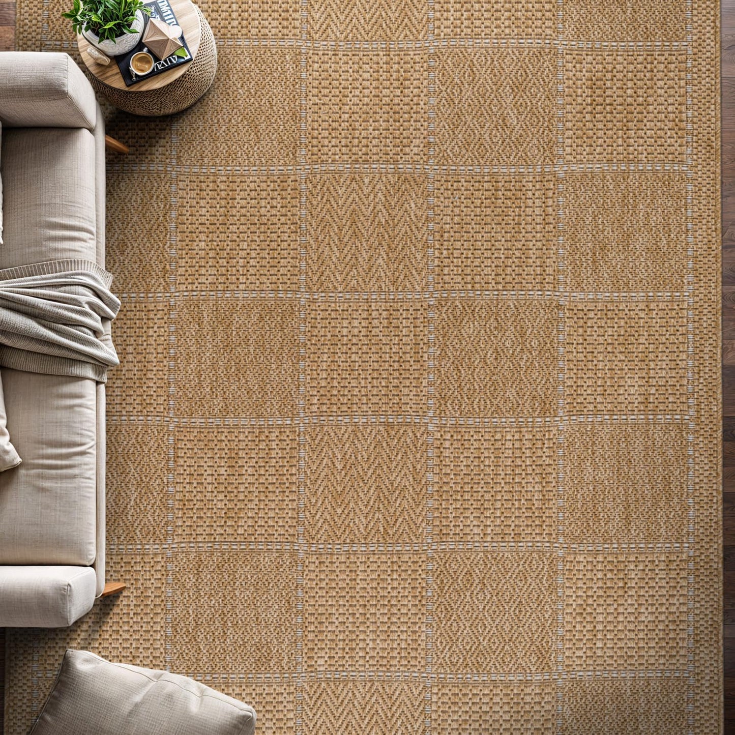 Beverly Rug Easy Jute Checkered Squared Rug 6x9 Washable Durable Indoor Outdoor Area Rugs for Living Dining Room Patio Office Stain Resistant Non Shedding Casual Indoor Outside Carpet 6 x 9 Natural