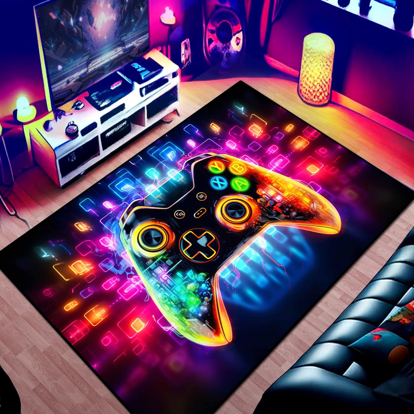 KALERA Gaming Area Rug, Transparent Gamepad and Colorful Lighting Background, Modern, Multicolor, 5' x 3'4" (Rectangular), Boys Girls Bedroom Playroom, Living Room