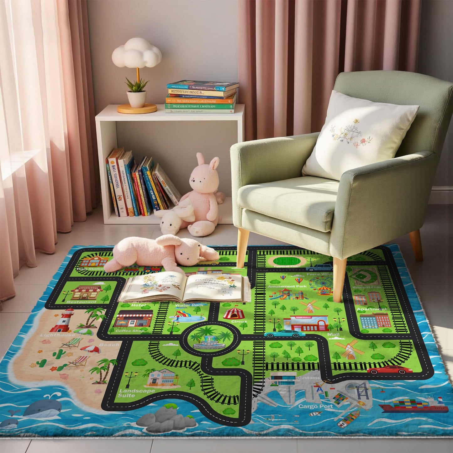 5x7ft Kids Island Train Car Play Rug - Non-Slip Faux Wool Carpet with Interactive Island Map Design, Educational Toy Vehicle Mat for Kids, Bedroom Playroom Nursery Gift.