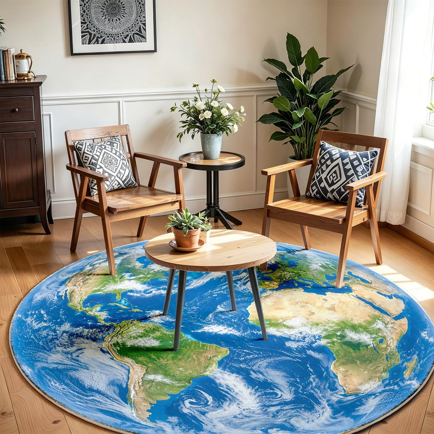 Earth World Map Round Carpet 2Ft, Astronomy Galaxy Planet Circle Area Rug, Washable Non Slip Low Pile Space Floor Mat for Bedroom Living Room Study Home Office Decor