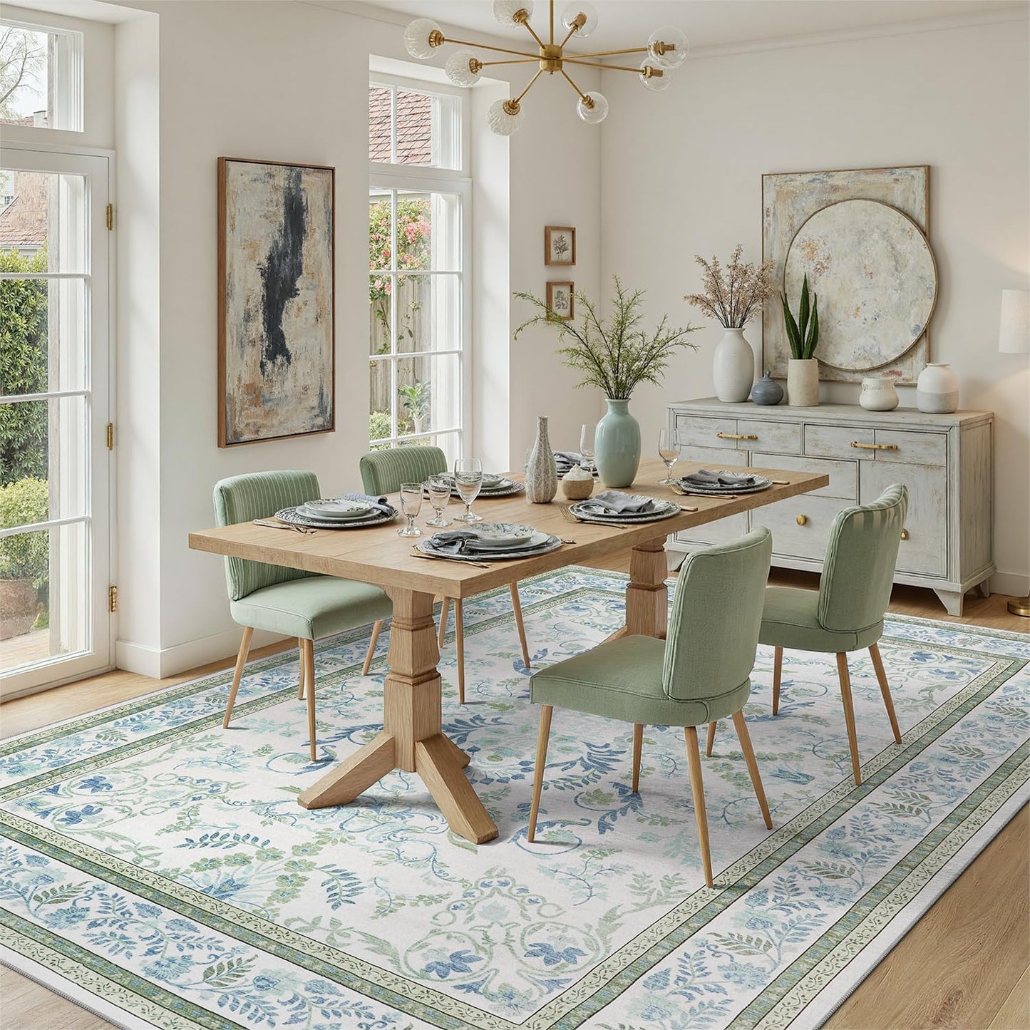 DCX Green 8x10 Rug, Kid & Pet Friendly with Rubber Back Non Slip, Machine Washable Stain Resistant Botanical Floral Rug for Living Room, Bedroom, Soft Low Pile Large Nursery Carpet