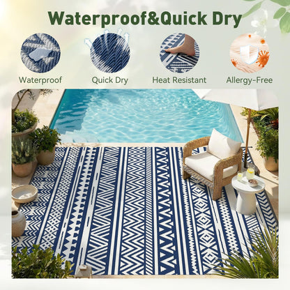 MontVoo-Outdoor Rug Carpet Waterproof 5x8 ft Reversible Patio Rug RV Camping Rug-Plastic Straw Rug Outside Indoor Outdoor Area Rug for Patio Deck Balcony Picnic Beach Outdoor Decor Boho Navy Blue