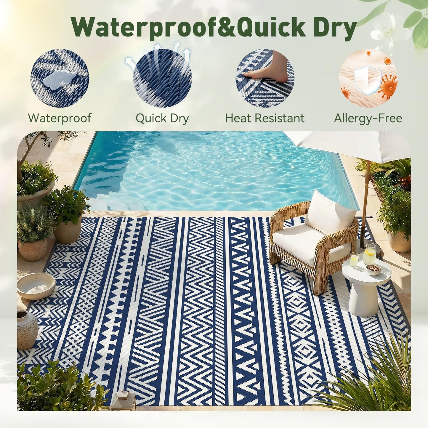 MontVoo Outdoor Rug 8x10 Waterproof Outdoor Patio Rug Mat Reverisble Plastic Straw Outdoor Rug for RV Camping Picnic Beach Balcony Boho Navy Blue