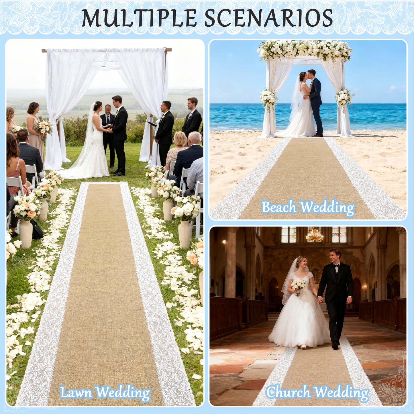GoldenXin 3ft x 30 ft Natural Burlap Wedding Aisle Runner,Outdoor for Wedding Ceremony with Lace Jute Rustic Burlap Decorations Beach Garden Church Reception Craft Decor