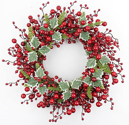 JINGHONG Artificial Christmas Wreath 20 Inch Christmas Wreaths for Front Door Red Berry Wreath with Holly Berries Leaves Pine Needles for Indoor Outdoor Xmas Winter Holidays
