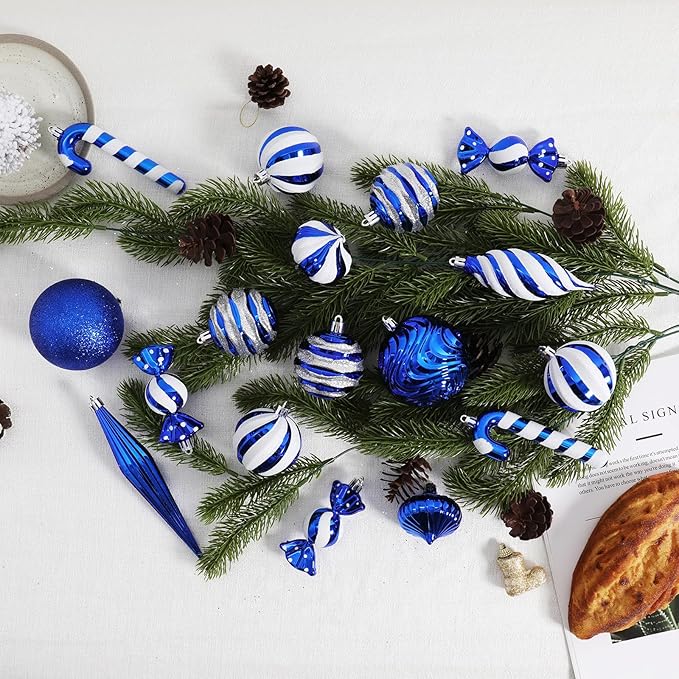 Christmas Ball Ornaments Set Shatterproof Christmas Tree Ornaments 24 PCS Painted Shaped Styles Xmas Tree for Holiday Decor,Royal Blue