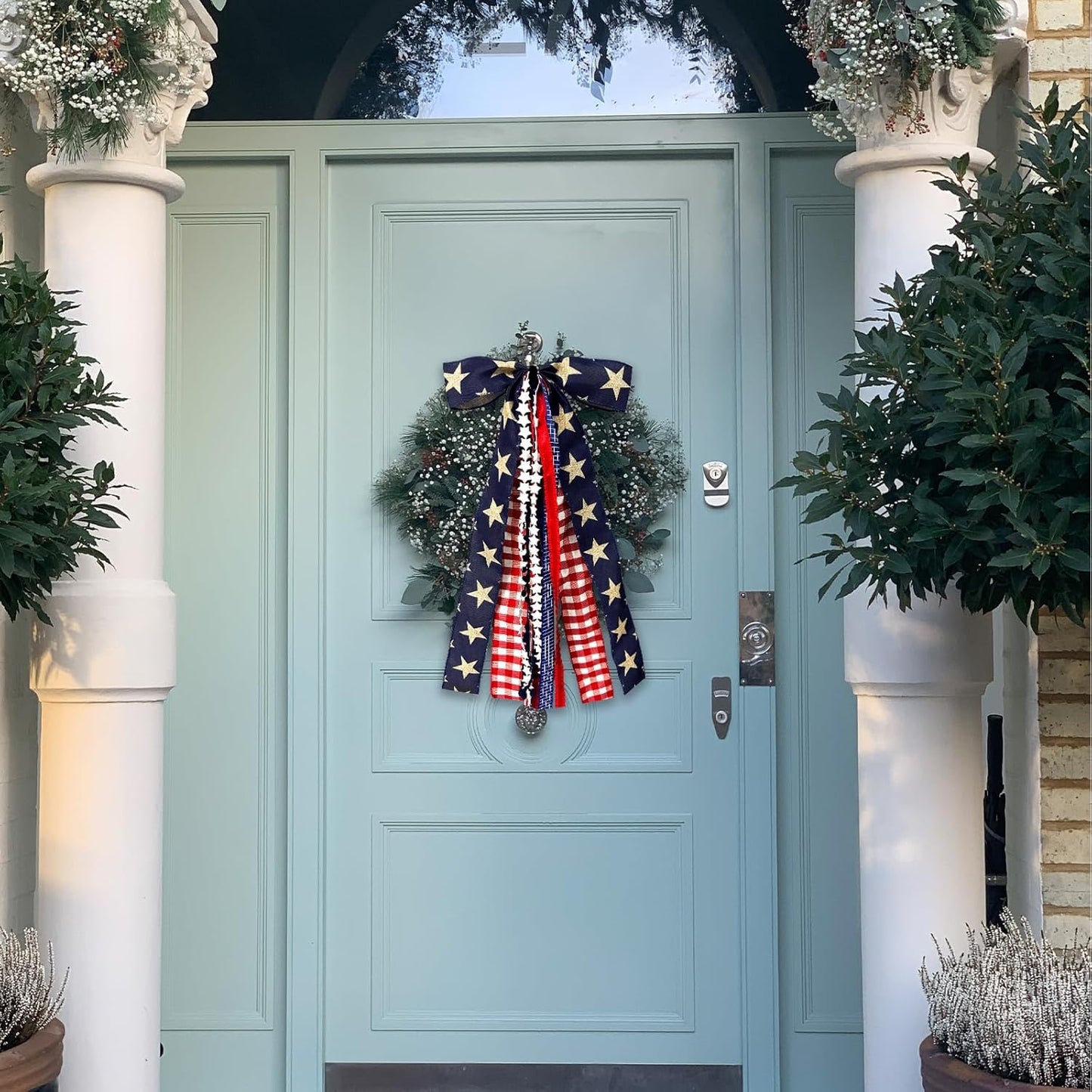 Large Patriotic Ribbon Bow, 4th of July Red White and Blue Bows Clip-On Star Sash Patriotic Wreaths for Front Door Indoor Outdoor Memorial Day Decoration