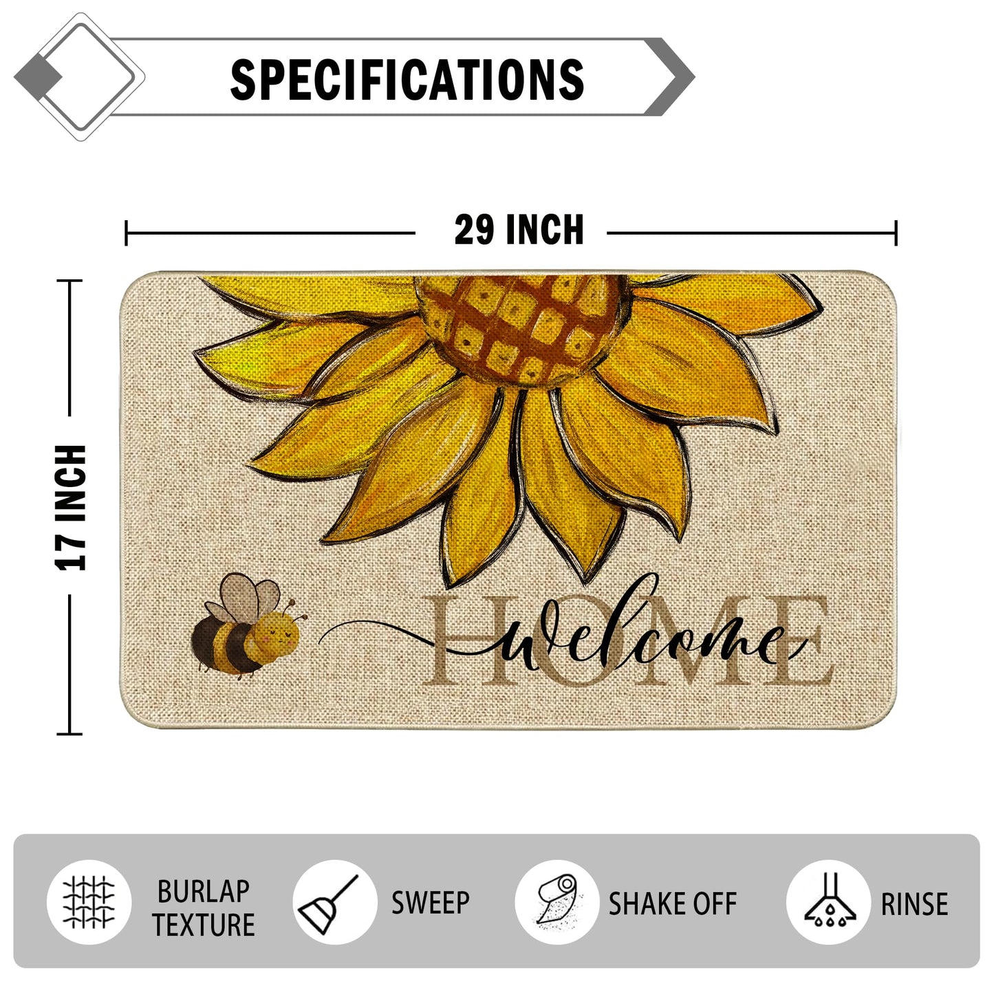 Wylumen Sunflower Welcome Doormat 17"x29", Non Slip Door Mat Indoor Entrance, Hello Indoor Front Door mat, Spring Summer Outdoor Entrance Mat, Low Profile Design Patio Porch Entryway Mats