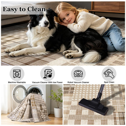 Rezutan Washable Rug 4x6 Plaid Rugs for Bedroom Non-Slip Neutral Floor Mat Indoor Soft Carpet Low Pile Foldable Thin Rugs for Living Room Dining Nursery Office, Caramel Beige Brown Gray