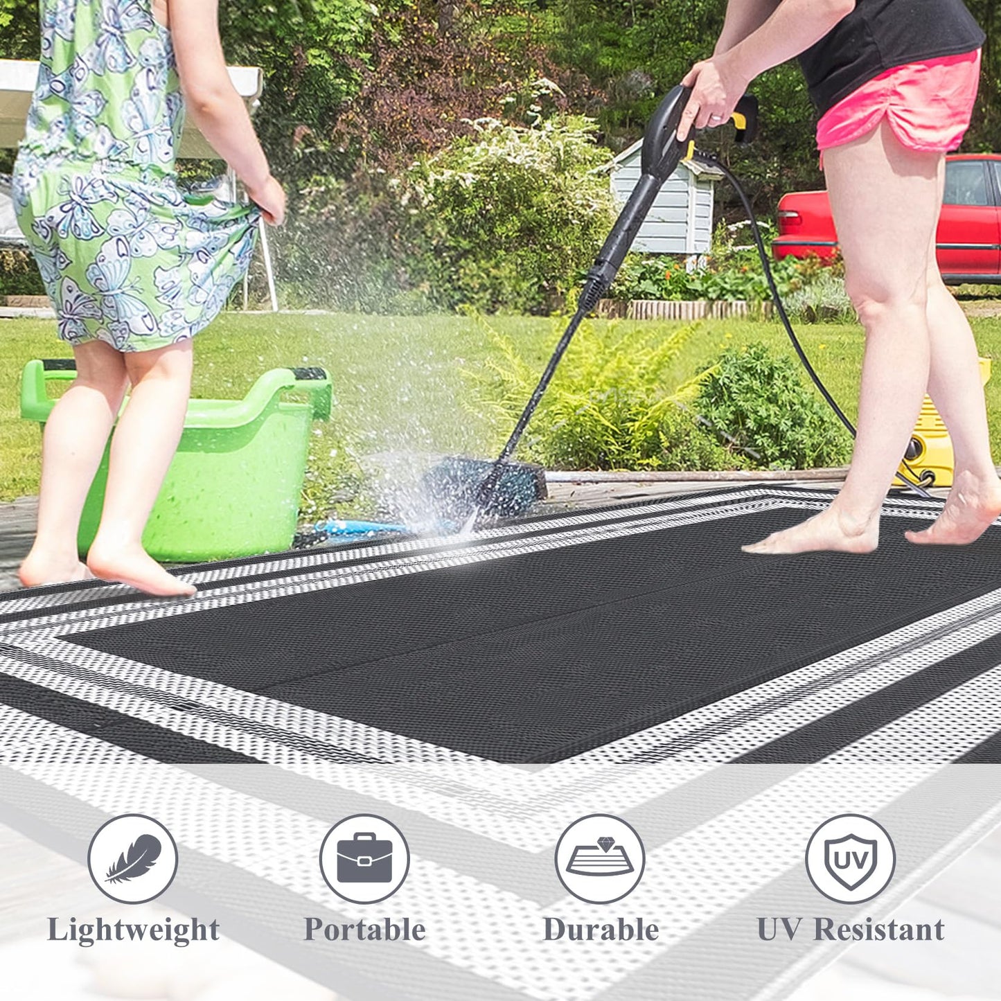 GAOMON Outdoor Rug for Patio 9x18 Plastic Straw Rug Waterproof Reversible Mat Modern Bordered Patio Rug for Porch RV Backyard Pool Deck Picnic Beach Trailer Camping Border-Grey/White