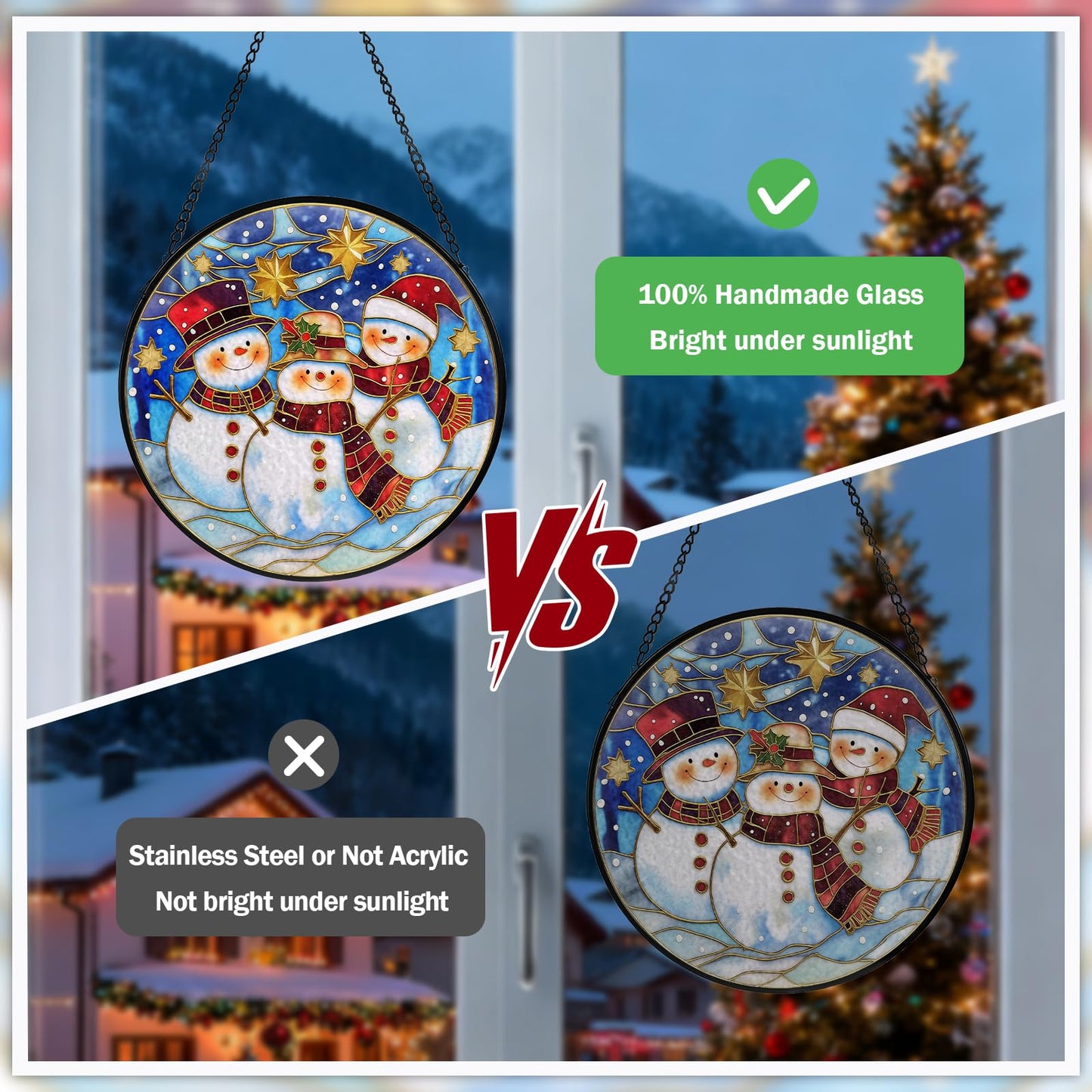 Christmas Decorations Stained Glass Window Hanging, Snowman Suncatcher for Window Hanging, Sun Catchers Indoor Windows Wall Art for Mom Grandma, Christmas Decor or Home Garden Office 7.87 inches