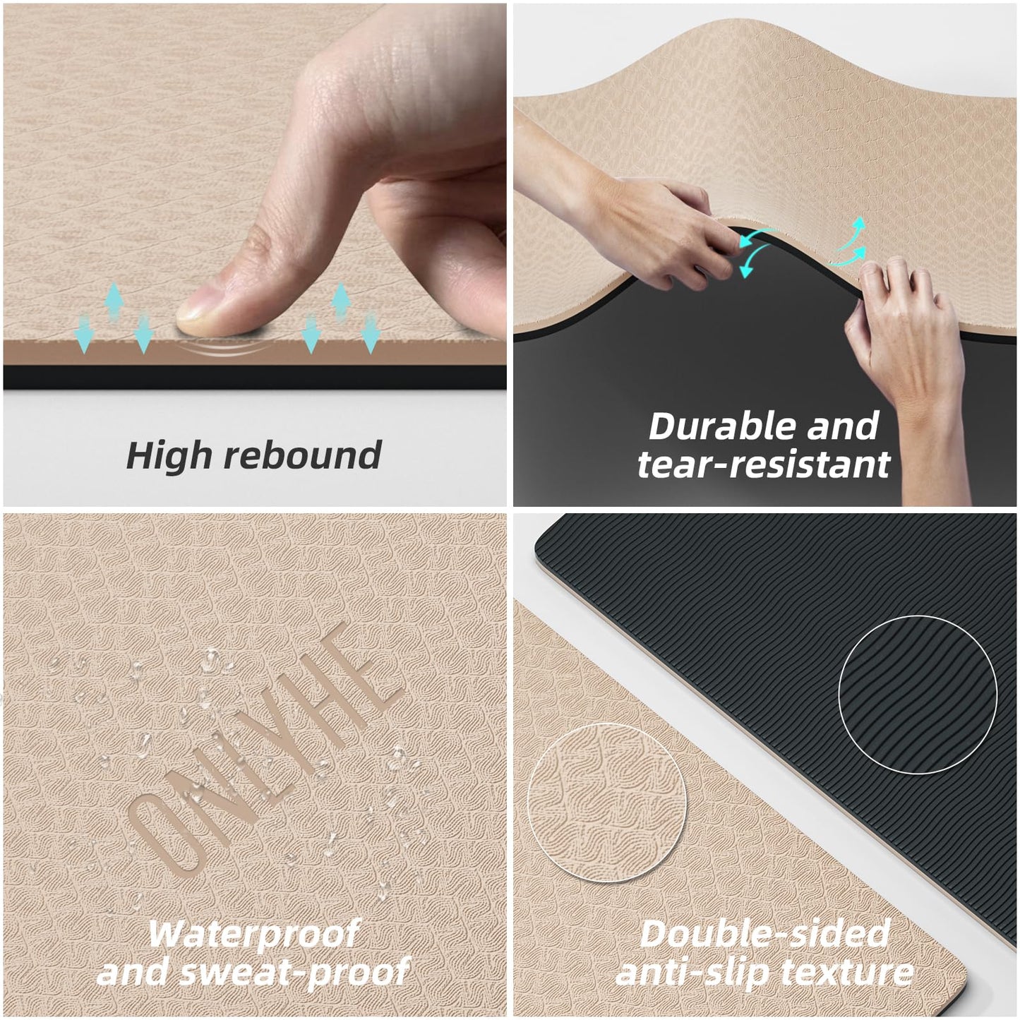 ONLYHE Yoga Mat Thick (8mm) Exercise Mat Non-Slip Ripstop Pilates Mat for Women and Men for Home, Barefoot Workout and Floor Workout with Strap (71 x 24 inch) (Milk Coffee + Black)
