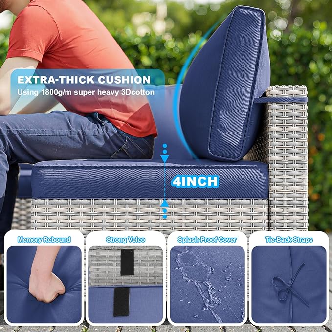 11-Piece Patio Furniture Set, Outdoor Patio Furniture with Fire Pit Table, Swivel Chairs Set, Thick Cushions, Modular Patio Sofa, Dual-Strand Wicker Rattan, Rust-Resistant Frame, Navy Blue