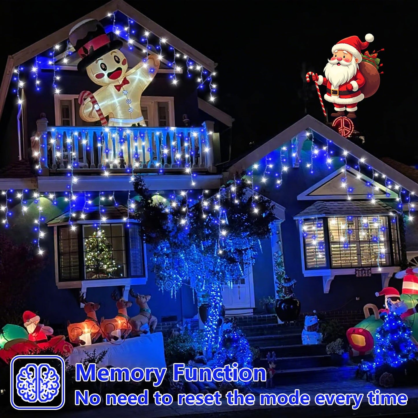 QITONG Blue and White Icicle Lights for Outside, 33ft 400 LED String Light Indoor Plug in, 8 Modes Connectable Icicle Christmas Light Clear Wire