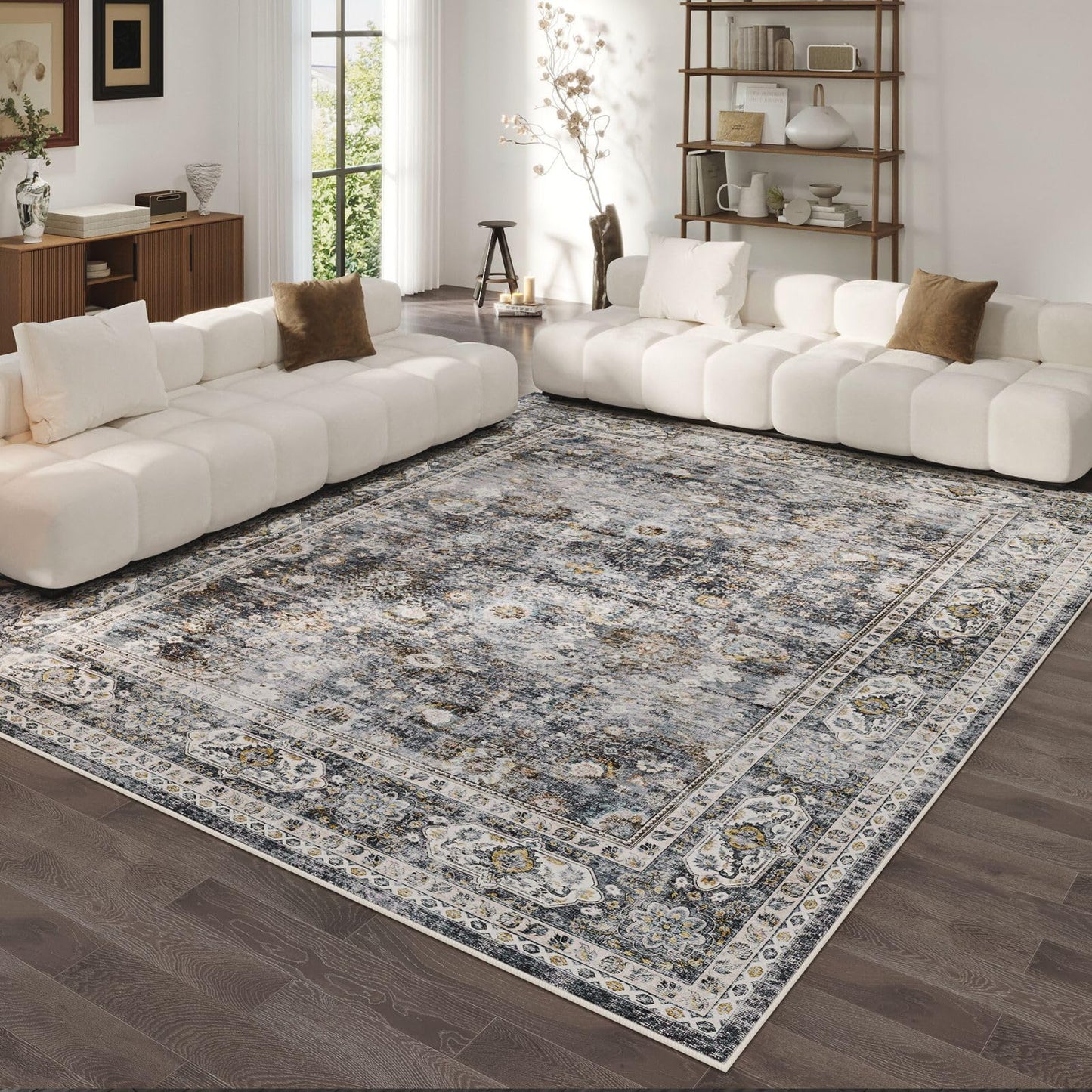 Rugcomf 8x10 Rug Washable Boho Soft Large Area Rug Non-Slip Faux Wool Vintage Rug for Living Room, Farmhouse, Dining Room, Indoor, Kids Playroom (Grey)