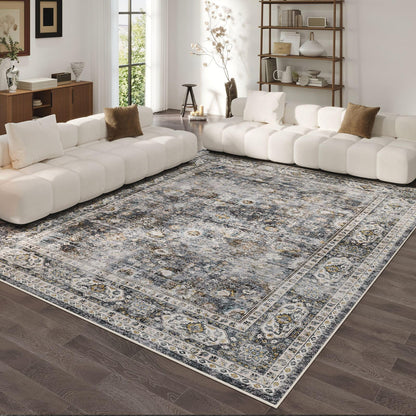 Rugcomf 8x10 Rug Washable Boho Soft Large Area Rug Non-Slip Faux Wool Vintage Rug for Living Room, Farmhouse, Dining Room, Indoor, Kids Playroom (Grey)