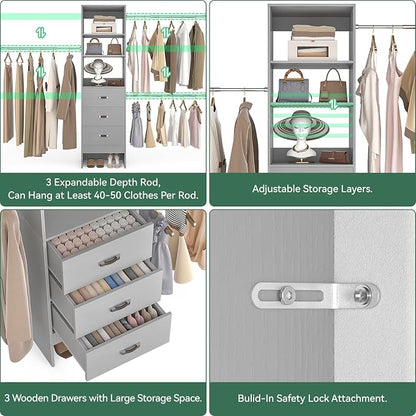 Besiost 96'' Closet Organizer System with 3 Hanging Rods, 8FT Closet Organizers and Storage with 3 Wooden Drawers, Built in Closet Organizer Systems, Adjustable Walk-in Wardrobe from 5-8FT, Grey