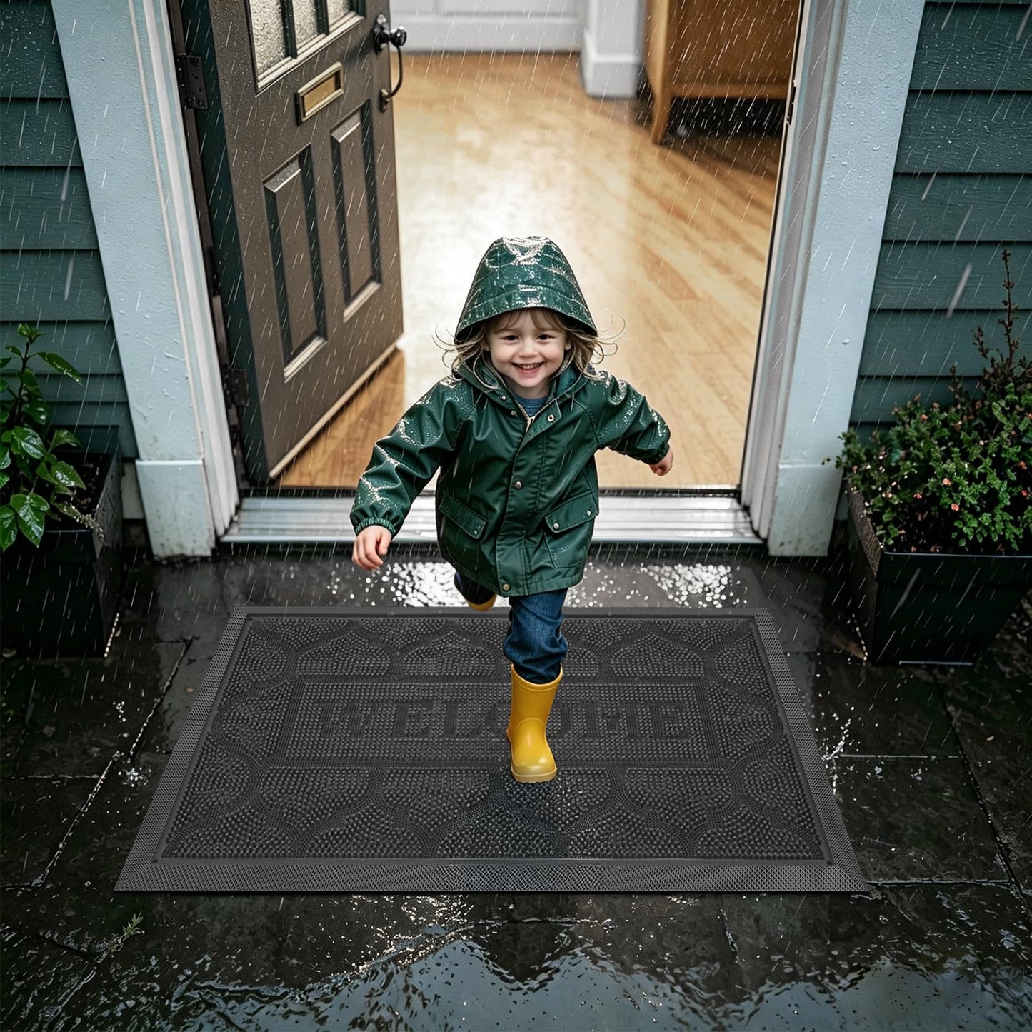 FRAMICS Front Rubber Door Mat Outside Entrance, 24x36 Doormat Heavy Duty Welcome Mat Dirt Trapping Non Slip Waterproof Door Mats for All Weather Patio Porch Garage Garden, Grey