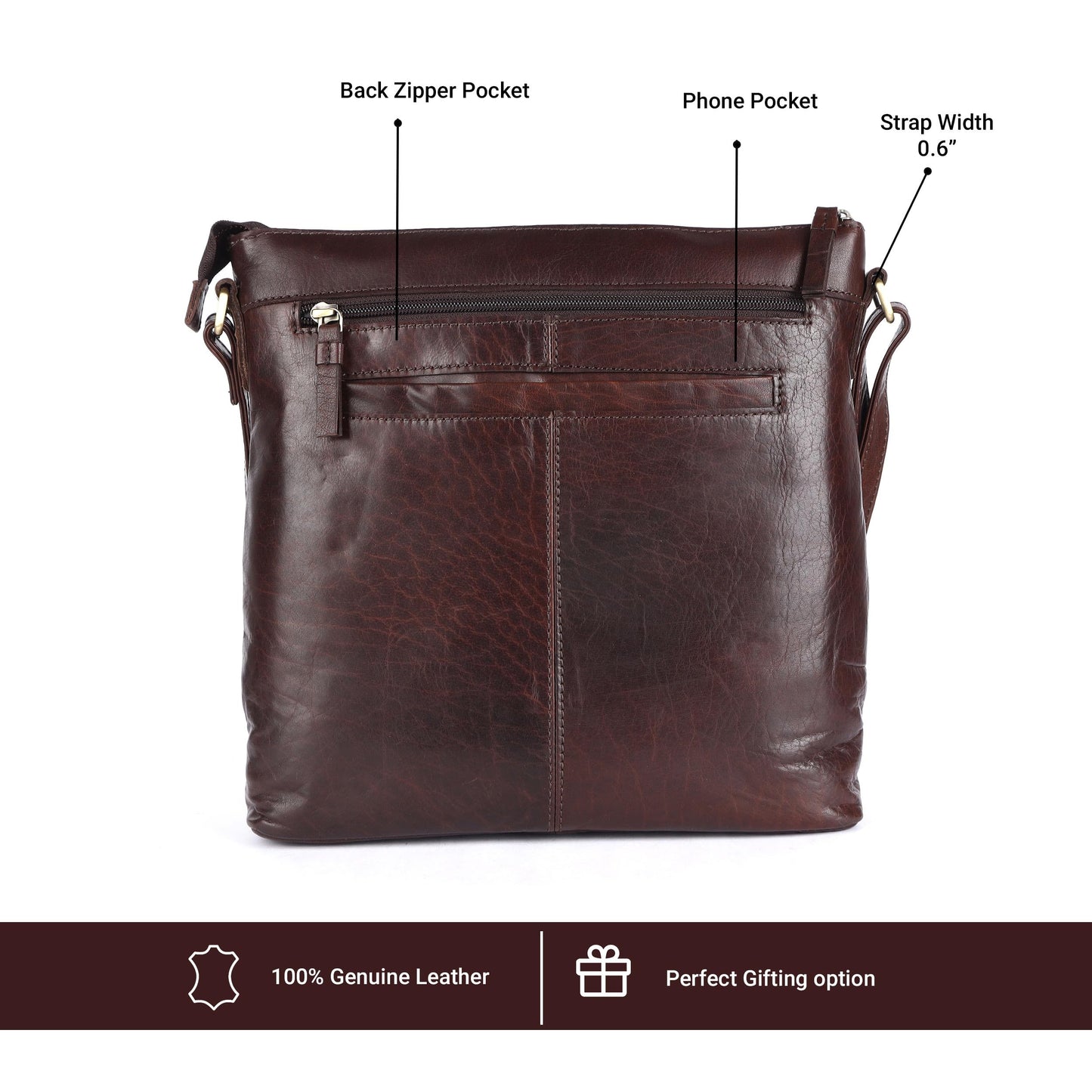 LEDERBUCK Olga Women's Extra-Large Genuine Leather Crossbody Purse – Soft Triple-Zip Shoulder Bag (Brown)