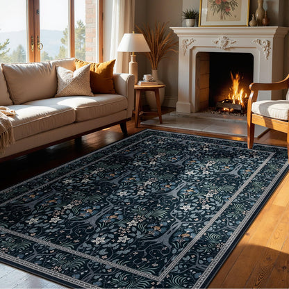 Joydeco Machine Washable Area Rugs 5x7, Boho Floral Rug for Bedroom Non Slip, Soft Forest Botanical Low-Pile Floor Indoor Throw Carpet for Living Dining Room Dorm Office, Blue-Black