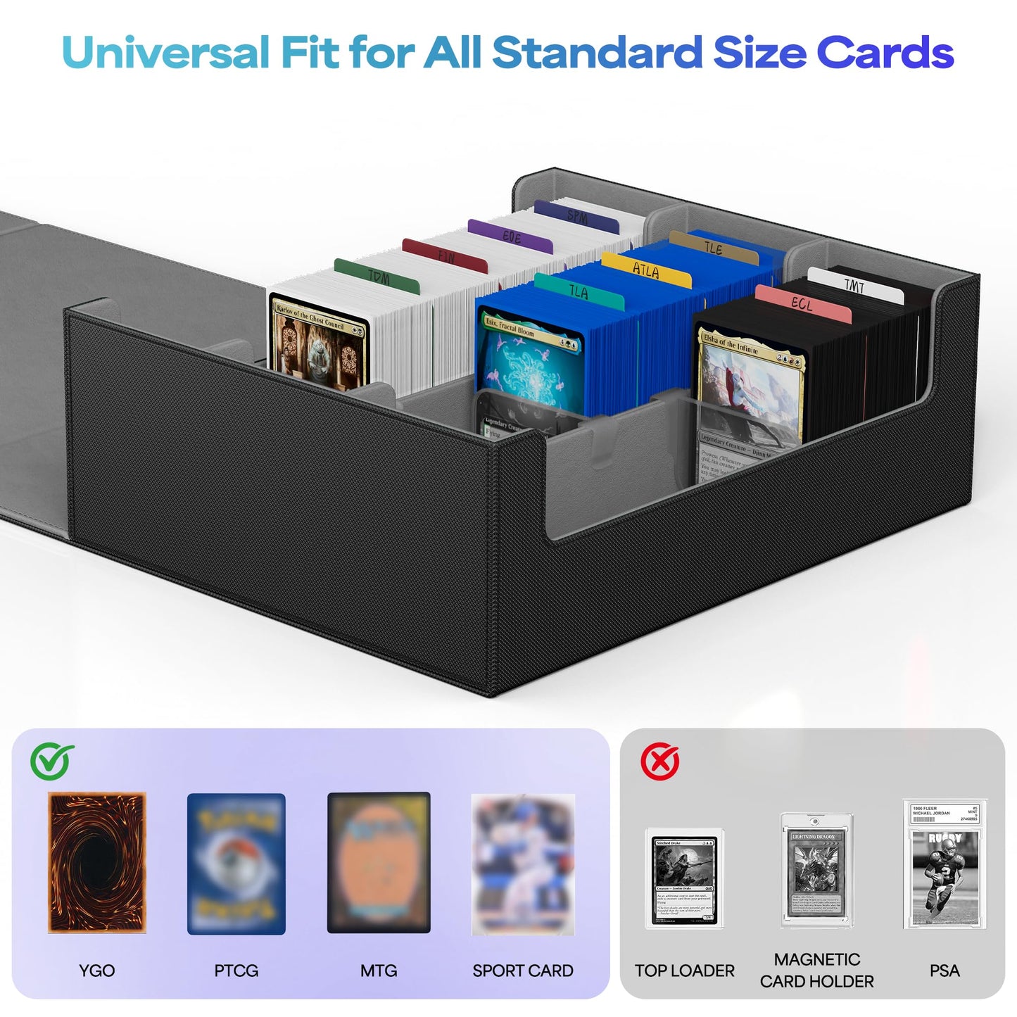 UAONO Trading Card Storage Box, Holds 1800 Sleeved Cards with 10 Dividers & 3 Stoppers, Magnetic Closure PU Leather Card Case for MTG, PTCG, YGO, Sports Cards (Black)