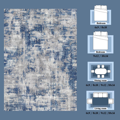Groovoft 8x10 Area Rug for Living Room, Washable Modern Abstract Large Rug, Soft Low Pile Non Slip Indoor Floor Carpet for Bedroom Dining Room Home Office, Blue Grey