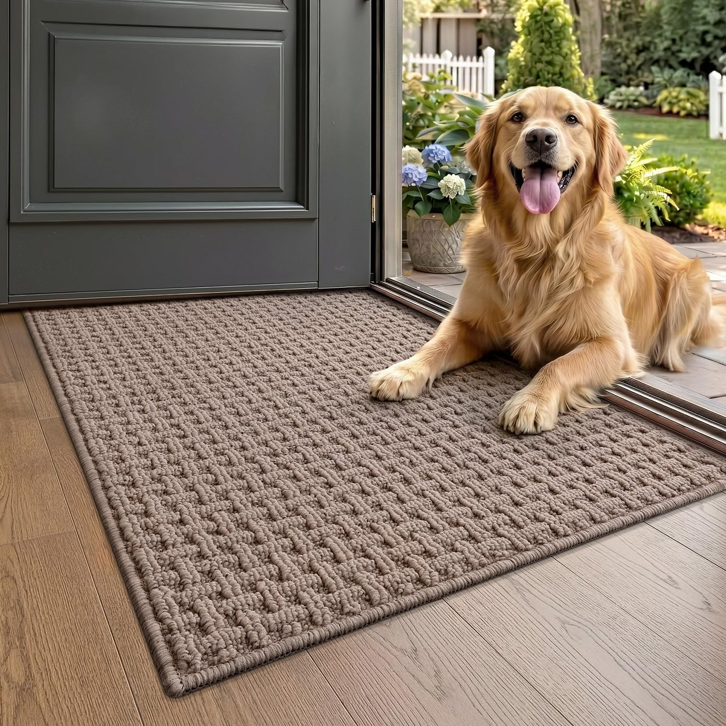 LUMI Washable Door Mat Indoor Entrance 17x30, Dirt Trapper Front Door Mats with Absorbent Interior and Non-Slip Rubber Backing, Entryway Doormat, Beige