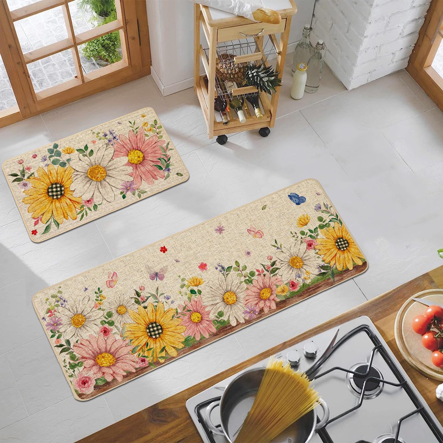 Baccessor Summer Kitchen Mats Set of 2, Sunflower Daisy Floral Kitchen Rugs for Floor Non Slip Low-Profile Seasonal Home Decor 17x29 and 17x47 Inch