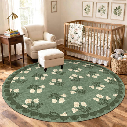 Othilic Sage Green 6ft Round Area Rug for Living Room - Large Washable Floral Boho Farmhouse Scalloped Circle Rug for Bedroom Stain Resistant Dining Room Rugs for Under Table Soft Non-Slip Nursery Rug