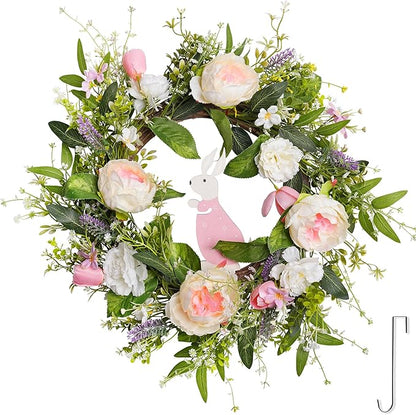 Spring Door Wreath for Front Door with Hook 20-22”, Artificial Spring Door Wreath with White & Pink Peony Lavender Rabbit Wood Sign, Summer Wreaths for Windows Wall Romantic Home Déco