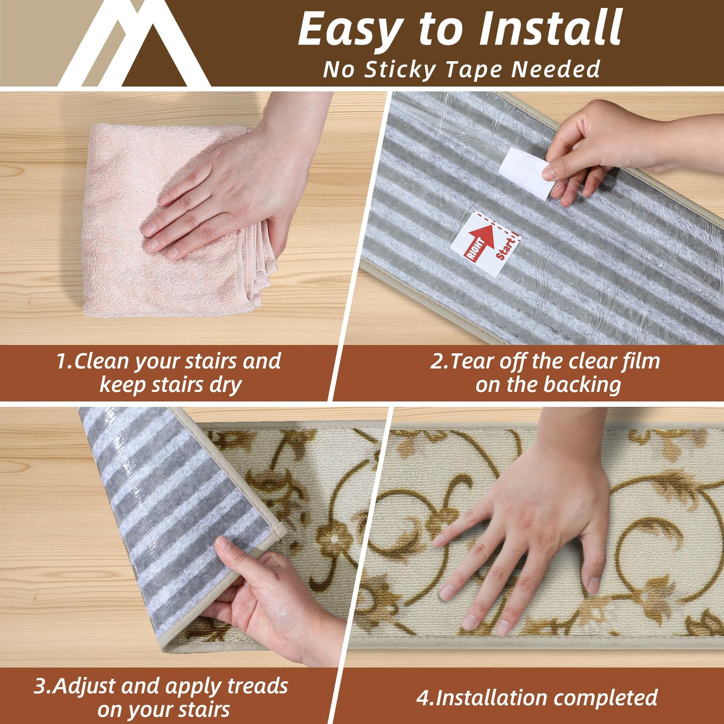 COSY HOMEER-Stair-Treads-for-Wooden-Steps Washable Indoor Stair Treads Non Slip 8" X 30" Soft Stair Carpet Treads Reusable Peel and Stick Stair Runner Rug for Kids, Elders and Pets 15pcs