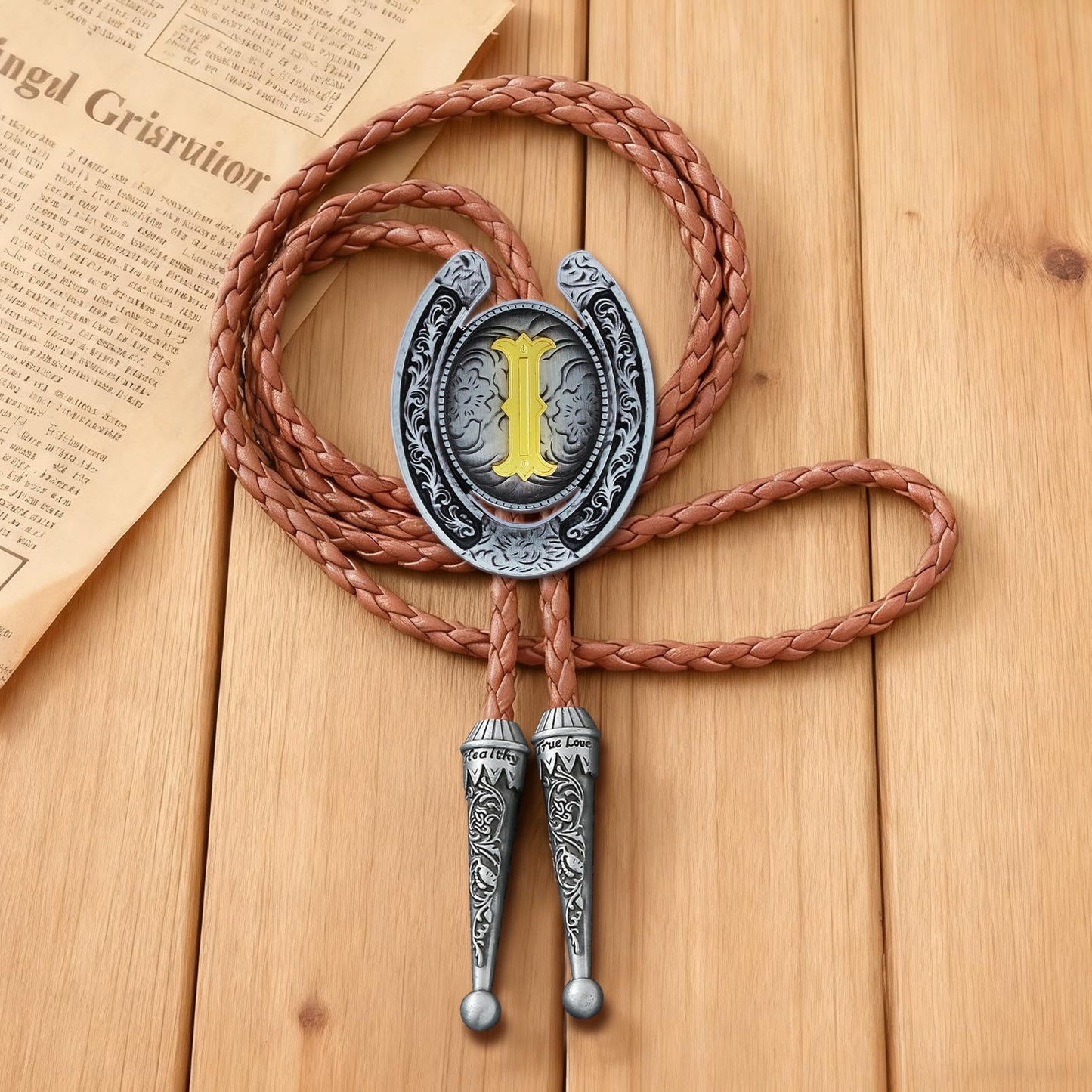 HUABOLA CALYN Brown Bolo Tie for Men Black Initial Letter ABCDMJR to Z Native American Western Cowboy Bolo Tie for Women (I)