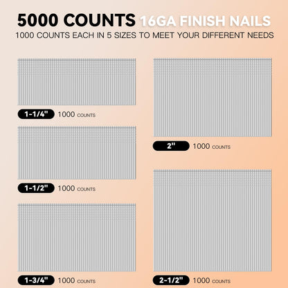 5000 Count 16 Gauge Finish Nails Total (1-1/4, 1-1/2, 1-3/4, 2, 2-1/2" 1000 Per Size) Galvanized Finish Processing Nails Suitable for Most Brand of 16 Gauge Pneumatic and Electric Brad Nailer