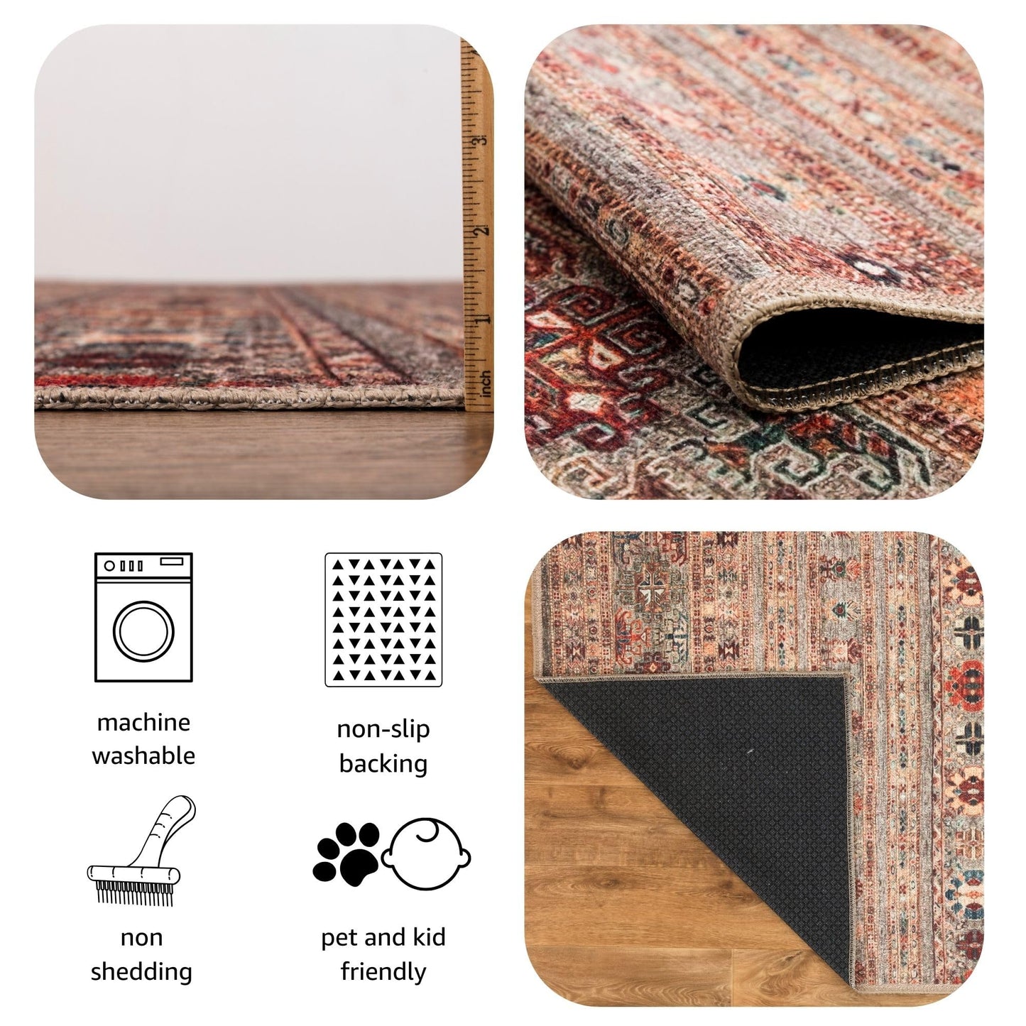 Keen Home Design 8x10 Rug - Machine Washable Area Rug with Non-Slip Backing, Ideal for Living Room, Dining Room, Bedroom - Vintage, Easy Clean, Durable, Low Pile Rug - (8' x 10')