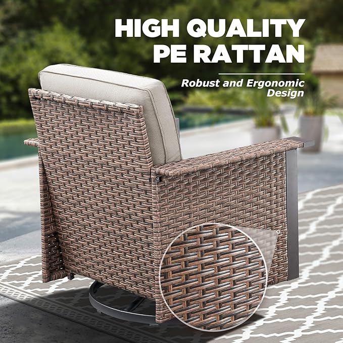 Outdoor Patio Furniture Set-5 Pieces All-Weather Wicker Patio Furniture with Outdoor Swivel Rocking Chairs Set of 2,Outdoor Patio Conversation Sets for Garden Porch Deck Brown/Beige
