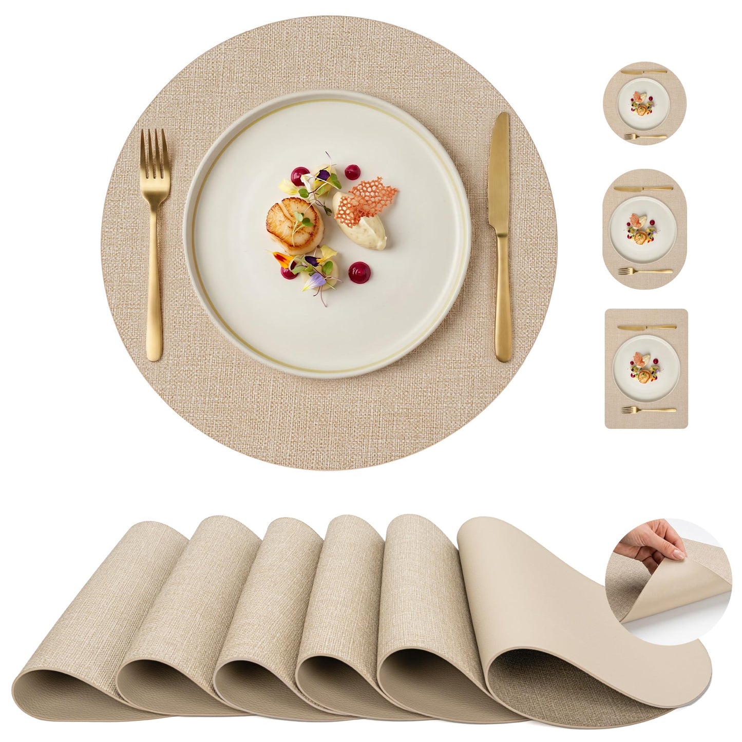 Faux Leather Placemats Set of 6, Wipeable Waterproof Stain Resistant Table Mats, Heat Resistant Thick Placemats with Hand-Painted Edges for Kitchen Dining, Imitative Linen Texture, Various Shapes