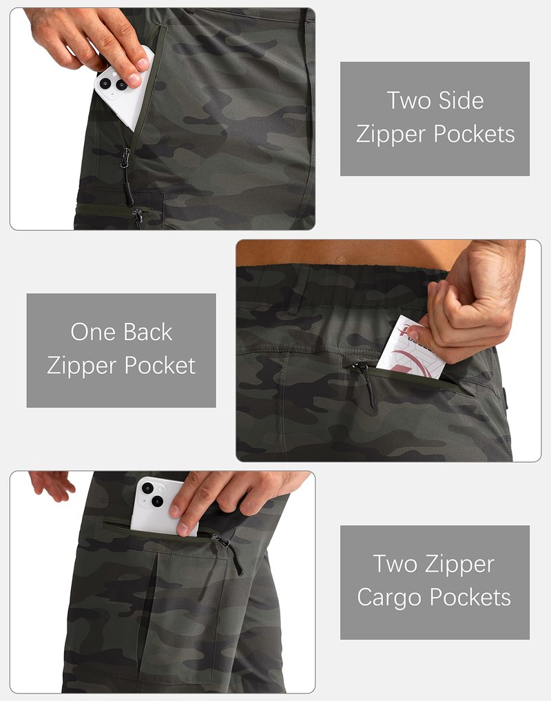 Pudolla Men's Hiking Cargo Shorts 9" Lightweight Outdoor Work Shorts for Men Travel Golf Camping Casual with 5 Zipper Pockets(Green Camo 3X-Large)
