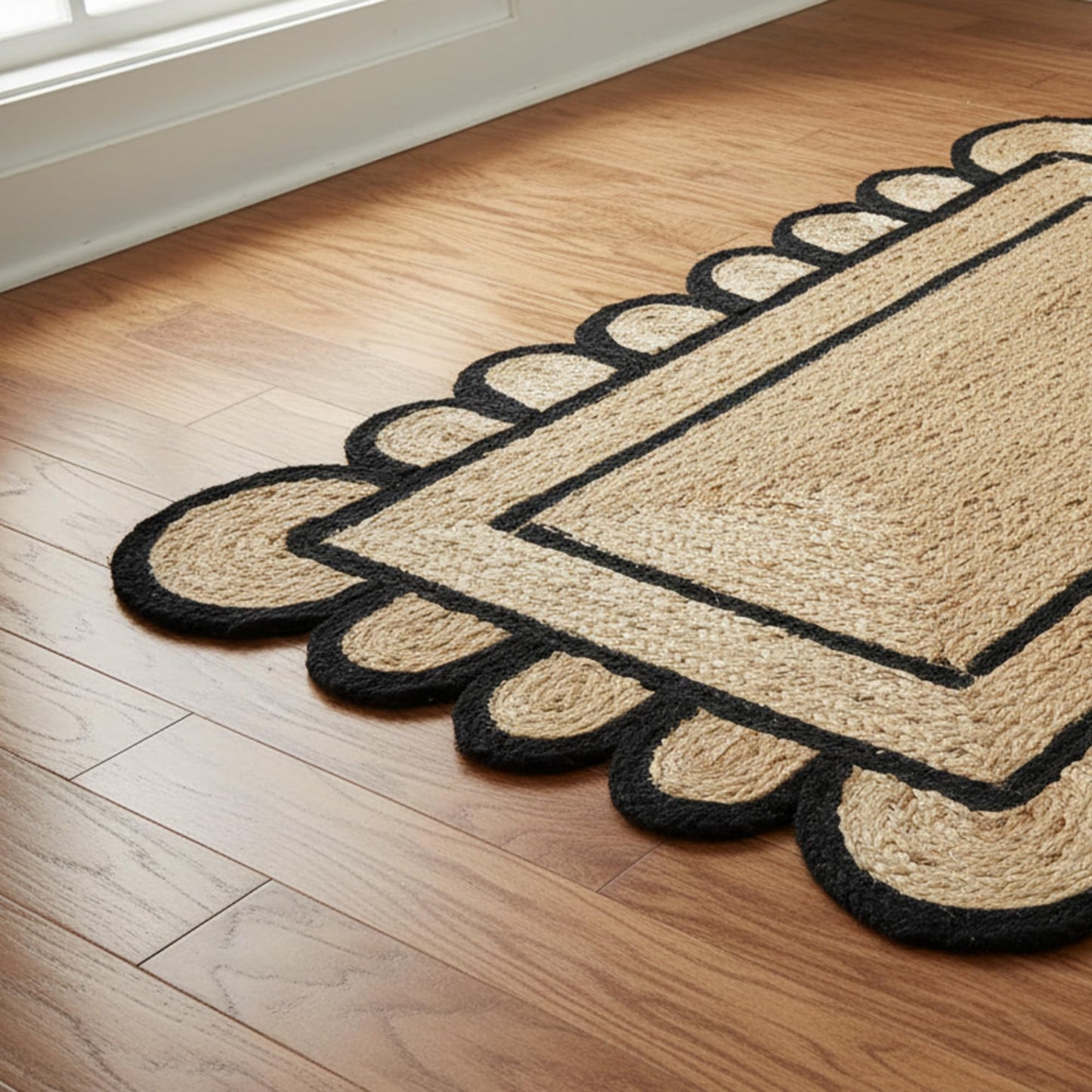 Braided Scalloped Jute Rug Natural with Black Trim, Handmade Farmhouse Boho Area Rug for Entryway, Kitchen, Hallway, Living Room, Bedroom, Rustic Woven Floor Rug - (Black- 2X3 ft)