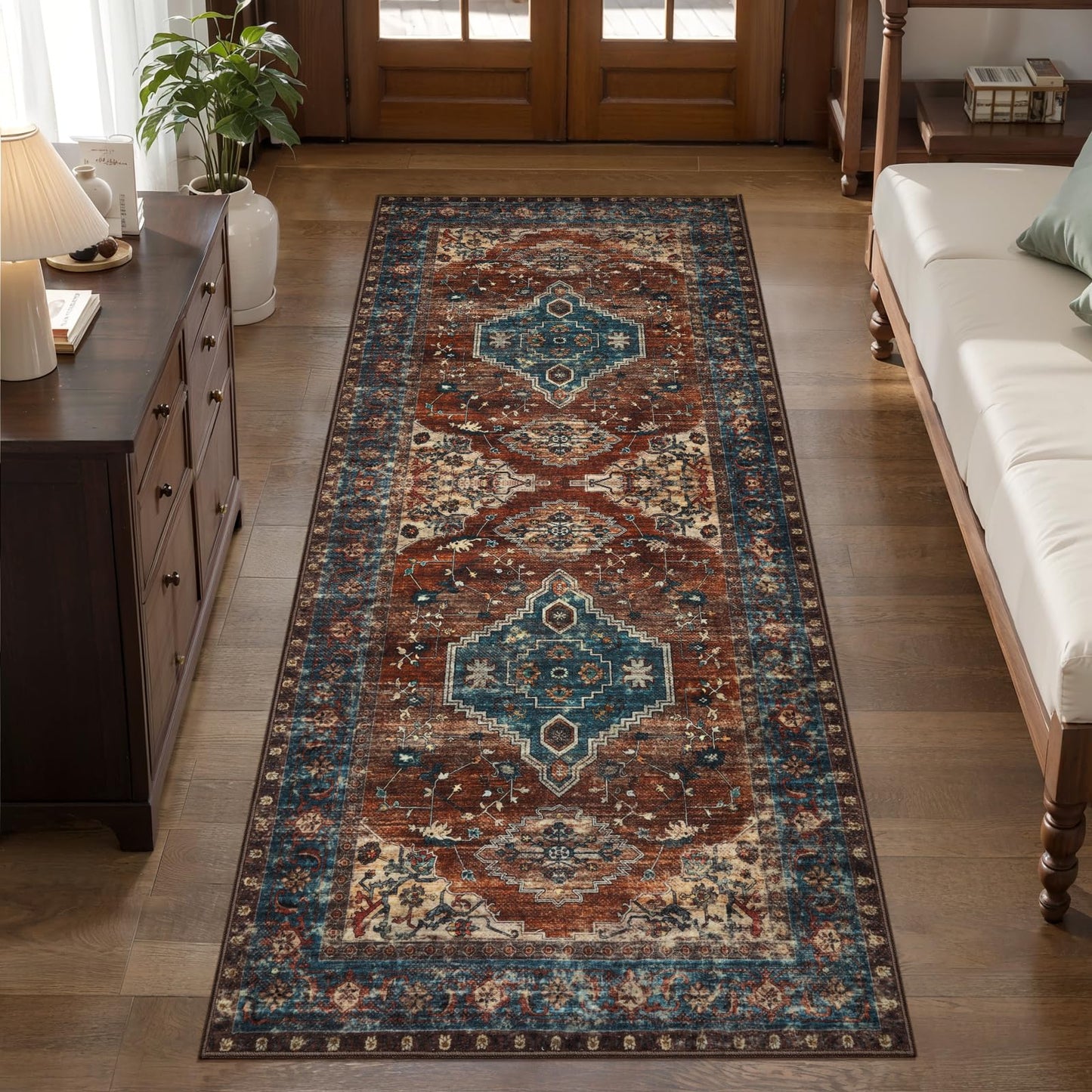 Tangsoo 2x5 Washable Runner Rug for Hallways, Non Slip Vintage Runner Rug, Soft Low Pile Long Rug Runner, Print Distressed Carpet Runners for Kitchen Bedroom Entryway Bathroom Living Room Rust