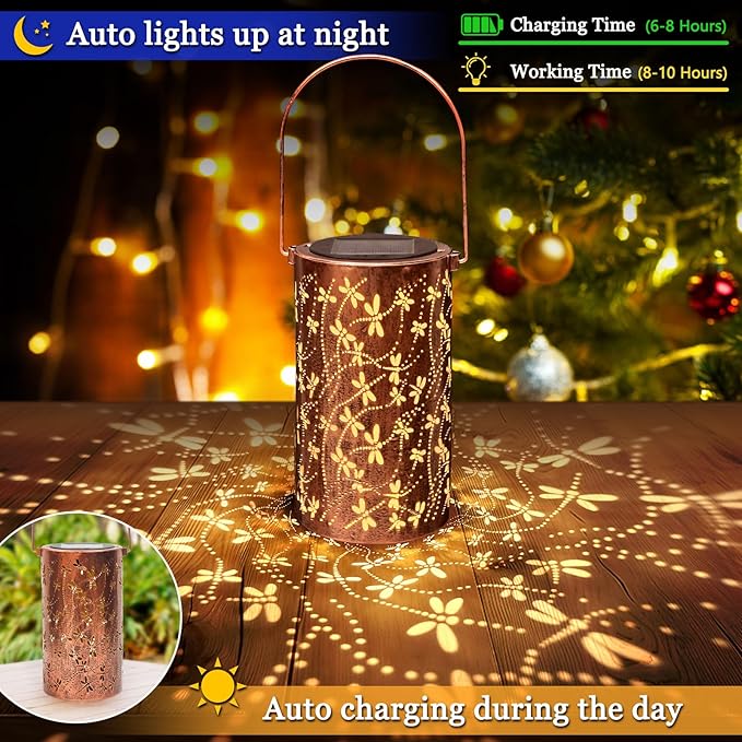 Solar Lanterns Outdoor Waterproof Dragonfly Lantern Garden Decor Birthday Christmas Gifts for Women Mom Grandma Hanging Solar Lights Metal Halloween Decorations Outside for Yard, Patio, Porch