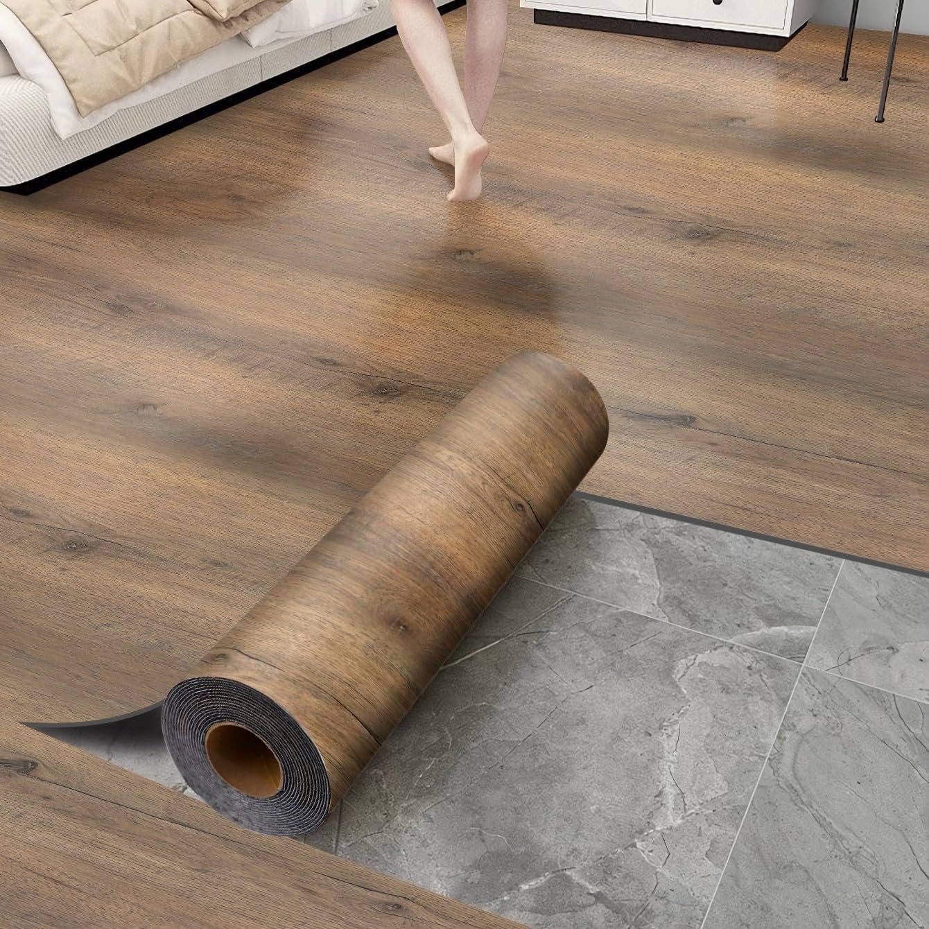 Luxury Thicken Wood Grain Peel and Stick Floor Tiles Self-Adhesive Vinyl Flooring Roll-DIY Easy for Wall and Floor,Hard Surface/Waterproof/Anti Slip (Brown Vinyl Flooring, 17.72 "W x 118" L)