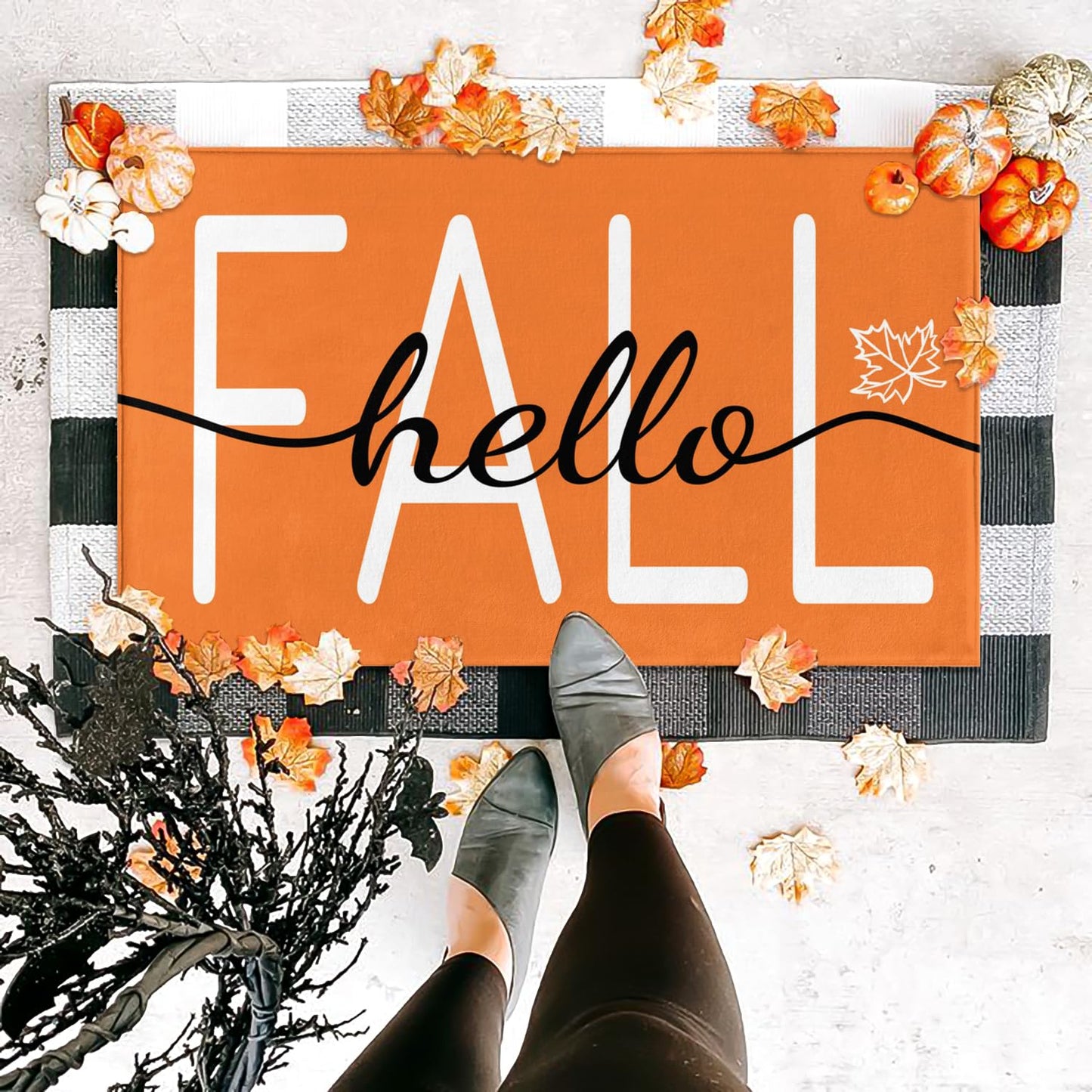HANXIG Hello Fall Door Mat - Autumn Maple Leaf Doormat, 17 x 29 Inch, Non-Slip Rubber Backing, Washable Seasonal Welcome Rug for Indoor/Outdoor