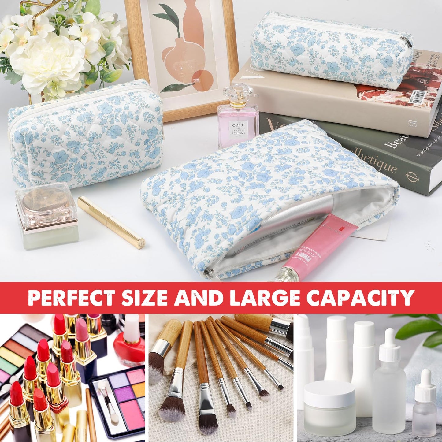 3 Pcs Makeup Bag Cosmetic Bag Set for Girls Women Checkered Travel Organizer Bathroom Toiletry Pouch Large Capacity Storage Bag(Blue Flower)