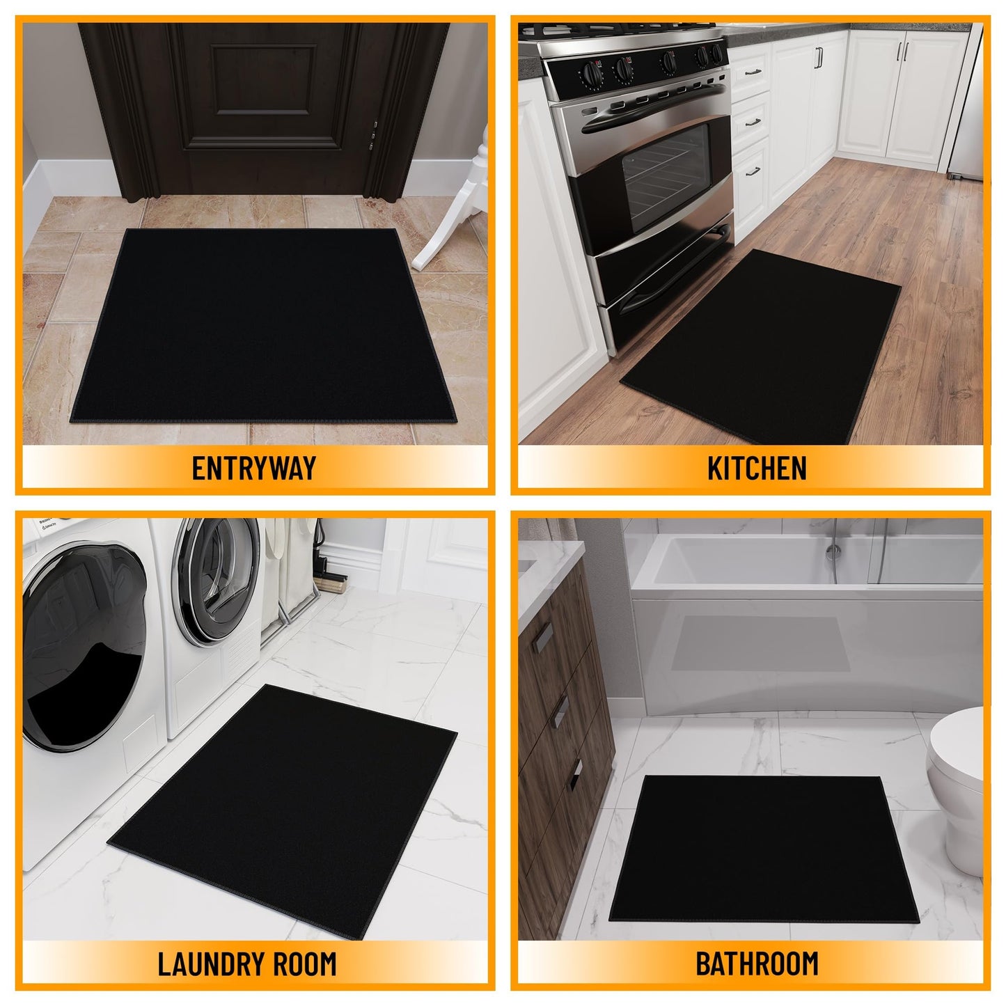 Ottomanson Indoor Front Door Mat – Non-Slip Low Pile Entryway Rug for Kitchen & Bathroom, Stain Resistant & Easy to Clean, Solid Black, 2'7" x 4'