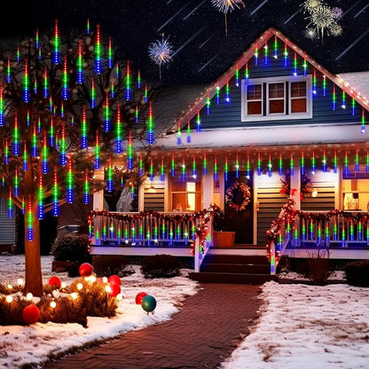 KNONEW Christmas Lights Outdoor, 15 inch 24 Tubes 672 LED Meteor Shower Lights Plug in Waterproof Falling Rain Light for Xmas Tree Wedding Party Garden Holiday Rooftop Decorations (Multicolor)