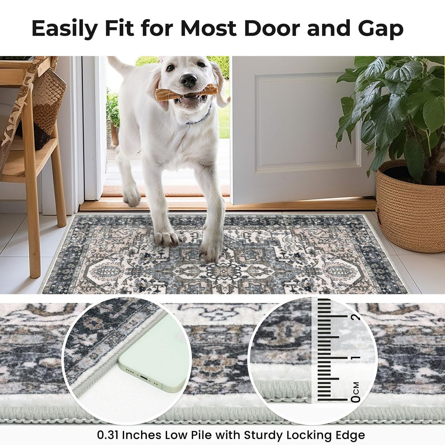 KOZYFLY Runners for Hallways 2x8 Ft Washable Kitchen Runner Rug Boho Entry Rug for Hallways Indoor Printed Faux Wool Long Floor Carpet for Entryway Bedroom Kitchen Hallway Use, Black/Taupe/Beige